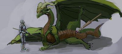 Lanced-a-Lot
art by meandraco
Keywords: beast;dragoness;female;feral;human;man;male;knight;dildo;masturbation;cloacal_penetration;humor;meandraco