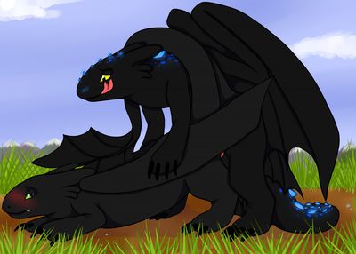 Night Furies Mating
art by mehlahphuse
Keywords: how_to_train_your_dragon;httyd;night_fury;dragon;dragoness;male;female;feral;M/F;penis;from_behind;mehlahphuse