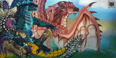 Threesome
art by mel21-12
Keywords: videogame;monster_hunter;nergigante;rathalos;rathian;dragon;dragoness;wyvern;male;female;M/M;penis;reverse_cowgirl;anal;mel21-12