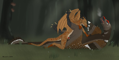 Mel x Hio
art by melanth
Keywords: dragon;dinosaur;theropod;raptor;male;female;feral;M/F;penis;missionary;cloacal_penetration;spooge;melanth