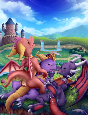 Spyro's Threeway
art by meraence
Keywords: videogame;spyro_the_dragon;spyro;cynder;ember;dragon;dragoness;male;female;anthro;M/F;threeway;penis;vagina;cowgirl;vaginal_penetration;fingering;masturbation;spooge;meraence