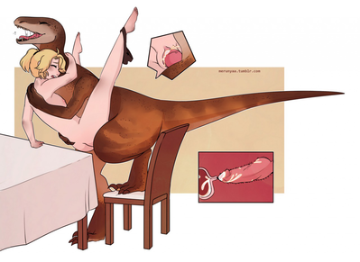Raptor and Woman
art by merufur
Keywords: beast;dinosaur;theropod;raptor;feral;male;human;woman;female;M/F;penis;missionary;closeup;vaginal_penetration;internal;spooge;merufur