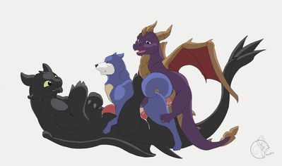 Night Fury Threeway
art by metalfox
Keywords: how_to_train_your_dragon;httyd;toothless;night_fury;videogame;spyro_the_dragon;spyro;furry;canine;dragon;feral;male;M/M;threeway;anal;penis;from_behind;spooge;metalfox