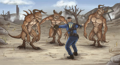Deathclaw Training
art by mgferret
Keywords: videogame;fallout;reptile;lizard;deathclaw;feral;human;man;male;humor;non-adult;mgferret