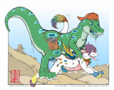 Noah and Loc
art by fennec
Keywords: cartoon;project_geeker;dinosaur;theropod;tyrannosaurus_rex;trex;noah;dragon;male;anthro;M/M;penis;from_behind;anal;spooge;fennec