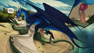 Lovin' Lagoon
art by moonski
Keywords: dragon;dragoness;male;female;feral;M/F;threeway;double_penetration;penis;missionary;reverse_cowgirl;vaginal_penetration;spooge;closeup;beach;moonski