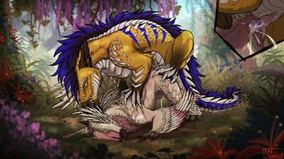 Forest Secrets
art by moonski
Keywords: videogame;monster_hunter;dinosaur;theropod;raptor;seikret;dragon;felkin;male;female;feral;M/F;penis;from_behind;cloacal_penetration;spooge;closeup;moonski