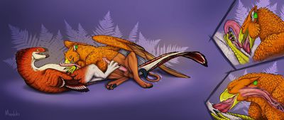 Gryphon and Raptor
art by moonski
Keywords: gryphon;dinosaur;theropod;raptor;male;feral;M/M;penis;oral;footjob;masturbation;closeup;spooge;moonski