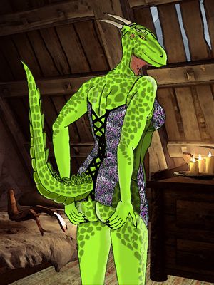 Zawadi
art by lokidragon
Keywords: videogame;skyrim;reptile;argonian;female;anthro;breasts;solo;lokidragon