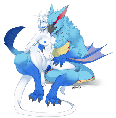 A Dragon and a Wyvern
art by myloveless
Keywords: videogame;monster_hunter;dragon;dragoness;wyvern;nargacuga;male;female;anthro;breasts;M/F;penis;reverse_cowgirl;vaginal_penetration;myloveless