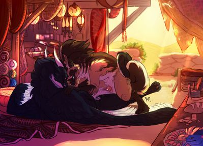 Whiro and Charr
art by nahyon
Keywords: videogame;guild_wars;dragoness;female;feral;furry;feline;charr;anthro;male;female;M/F;penis;missionary;vaginal_penetration;nahyon