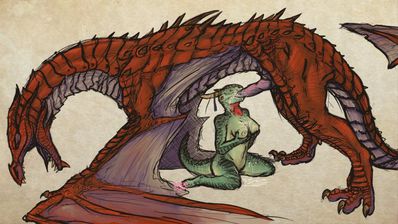 Odahviing and Argonian
art by nakoo
Keywords: videogame;skyrim;dragon;wyvern;odahviing;male;feral;argonian;female;anthro;breasts;M/F;penis;oral;spooge;nakoo
