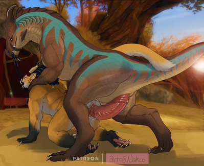 Charr and Raptor
art by nakoo
Keywords: videogame;guild_wars;dinosaur;theropod;raptor;male;feral;furry;feline;charr;female;anthro;M/F;bondage;penis;from_behind;vaginal_penetration;spooge;nakoo