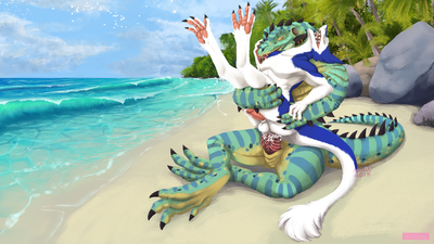 Saurok and Sergal
art by nakoo
Keywords: videogame;world_of_warcraft;lizard;saurok;furry;hybrid;sergal;male;anthro;M/M;penis;hemipenis;reverse_cowgirl;double_penetration;anal;beach;spooge;nakoo