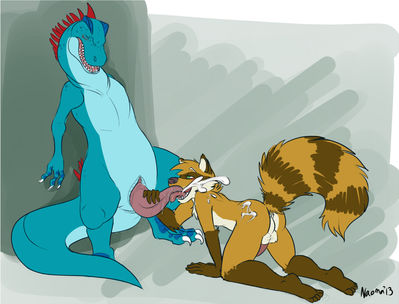 Dinosaur and Raccoon 4
art by naoma-hiru
Keywords: dinosaur;theropod;mustelid;raccoon;male;anthro;M/M;penis;oral;spooge;ejaculation;orgasm;naoma-hiru