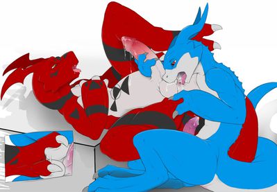 Guilmon Gets Rimmed
art by narse
Keywords: anime;digimon;dragon;guilmon;veemon;male;anthro;M/M;penis;masturbation;oral;anal;rimjob;spooge;closeup;narse