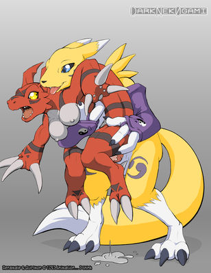 Digi-Reversal
art by darknekogami
Keywords: anime;digimon;dragon;furry;canine;fox;guilmon;renamon;male;female;anthro;breasts;M/F;from_behind;penis;spooge;darknekogami