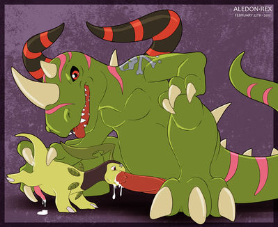 Bayleef and Tuskmon
art by aledon_rex
Keywords: anime;pokemon;dinosaur;theropod;tuskmon;bayleef;male;anthro;M/M;penis;oral;macro;spooge;aledon_rex