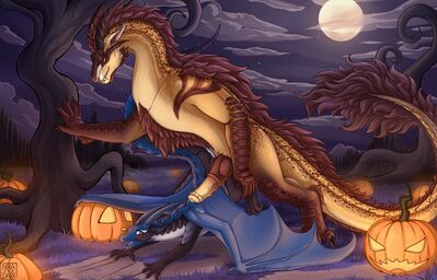 Smolder and Selene alt (Wings_of_Fire)
art by nira_the_dark
Keywords: wings_of_fire;sandwing;nightwing;dragon;dragoness;male;female;feral;M/F;penis;from_behind;suggestive;holiday;spooge;nira_the_dark