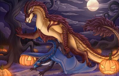 Smolder and Selene (Wings_of_Fire)
art by nira_the_dark
Keywords: wings_of_fire;sandwing;nightwing;dragon;dragoness;male;female;feral;M/F;from_behind;suggestive;holiday;spooge;nira_the_dark