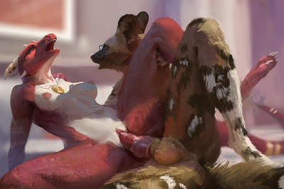 Choc n Cherry
art by nomax
Keywords: dragoness;furry;canine;african_hunting_dog;male;female;anthro;breasts;M/F;penis;spoons;vaginal_penetration;nomax