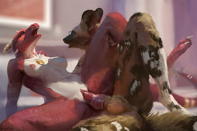 Choc n Cherry
art by nomax
Keywords: dragoness;furry;canine;african_hunting_dog;male;female;anthro;breasts;M/F;penis;spoons;vaginal_penetration;nomax