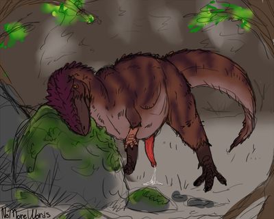 Lonely Giganotosaurus
art by nomorewords
Keywords: dinosaur;theropod;giganotosaurus;male;feral;solo;penis;spooge;nomorewords