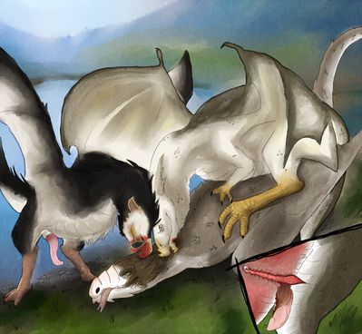 Wyvern Threeway
art by northernironbelly
Keywords: dragon;wyvern;feral;male;M/M;threeway;anal;penis;from_behind;internal;spooge;northernironbelly