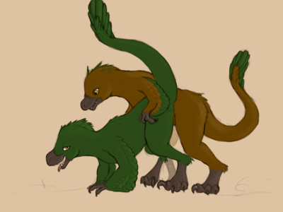 Raptors Having Sex
art by nyar
Keywords: dinosaur;theropod;raptor;deinonychus;male;female;feral;M/F;from_behind;cloacal_penetration;nyar