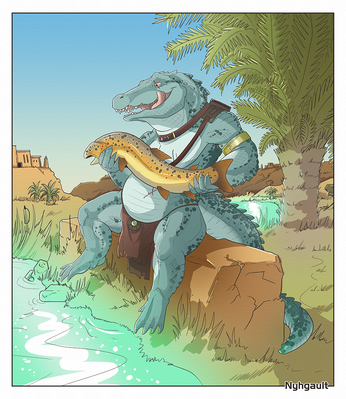 Kasheel Fishing
art by nyhgault
Keywords: crocodilian;crocodile;male;anthro;solo;fish;non-adult;nyhgault