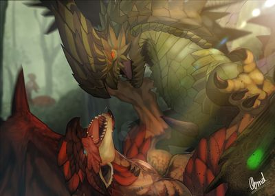 Astalos and Rathalos
art by okacho
Keywords: videogame;monster_hunter;dragon;wyvern;astalos;rathalos;male;feral;M/M;penis;missionary;suggestive;okacho