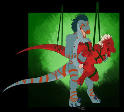 Suspended Raptor
art by oli_snowpaw
Keywords: dinosaur;theropod;raptor;male;female;anthro;breasts;M/F;bondage;penis;from_behind;vaginal_penetration;oli_snowpaw