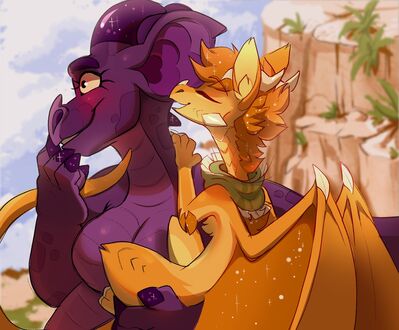Fatespeaker and Sunny (Wings_of_Fire)
art by olivecow
Keywords: wings_of_fire;nightwing;sandwing;hybrid;fatespeaker;sunny;dragoness;feale;anthro;breasts;lesbian;suggestive;olivecow