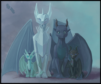 Darkstalker's Family (Wings_of_Fire)
art by omnicrow
Keywords: wings_of_fire;icewing;nightwing;hybrid;foeslayer;prince_arctic;darkstalker;whiteout;dragon;dragoness;male;female;feral;non-adult;omnicrow
