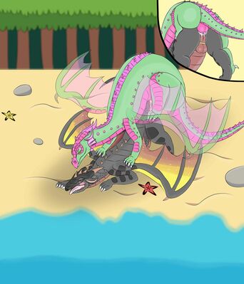 Beach Breeding (Wings_of_Fire)
art by onesaucdragon
Keywords: wings_of_fire;nightwing;skywing;rainwing;hybrid;dragon;male;feral;M/M;penis;from_behind;anal;closeup;spooge;beach;onesaucdragon