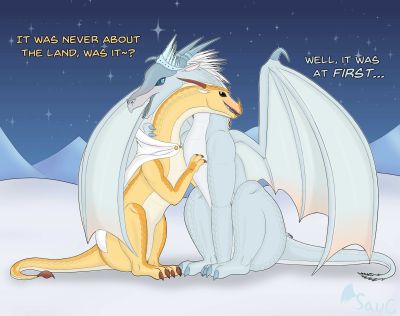 Blaze and Glacier (Wings_of_Fire)
art by onesaucydragon or SauC
Keywords: wings_of_fire;sandwing;icewing;queen_glacier;princess_blaze;dragoness;female;feral;romance;non-adult;onesaucydragon;SauC