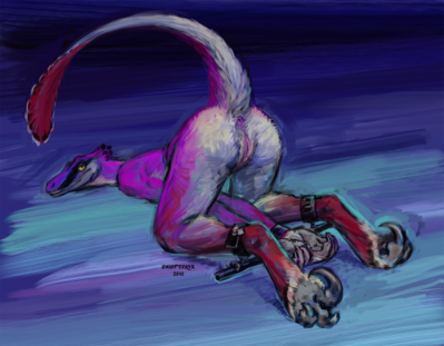 Velociraptor Spreader
art by oniopteryx
Keywords: dinosaur;theropod;raptor;velociraptor;female;anthro;solo;vagina;bondage;presenting;oniopteryx