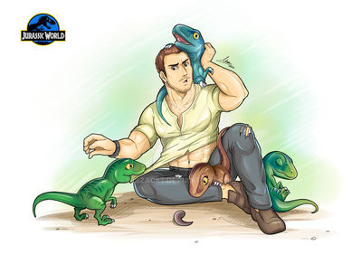 Owen and His Raptors
art by iszac87
Keywords: jurassic_world;dinosaur;theropod;raptor;deinonychus;blue;charlie;echo;delta;female;feral;hatchling;human;man;male;non-adult;iszac87