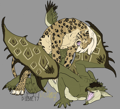 Screwing a Rathian
art by p-sebae and moonprison
Keywords: videogame;monster_hunter;dragoness;wyvern;rathian;female;feral;furry;feline;leopard;male;anthro;M/F;from_behind;p-sebae;moonprison