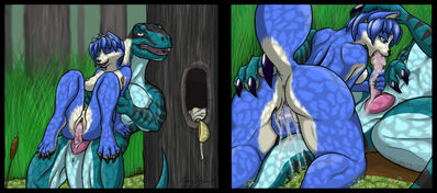 Riding a Raptor in the Swamp 2
art by pacikat
Keywords: videogame;star_fox;dinosaur;theropod;raptor;feral;furry;canine;fox;krystal;male;female;anthro;breasts;M/F;penis;reverse_cowgirl;vaginal_penetration;oral;fingering;masturbation;spooge;pacikat