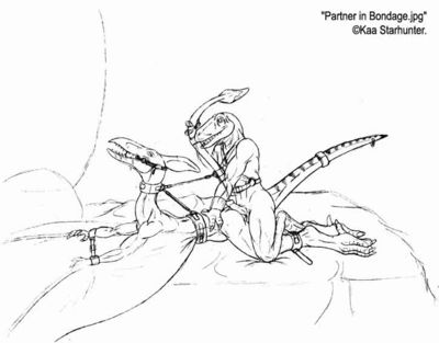 Partner in Bondage
art by kaa
Keywords: dinosaur;theropod;raptor;deinonychus;pterodactyl;male;female;anthro;breasts;M/F;penis;from_behind;bondage;suggestive;kaa
