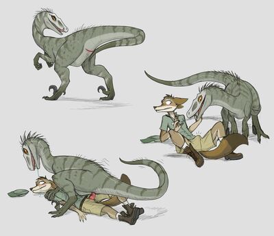 Containment Breach
art by phlegraofmystery
Keywords: dinosaur;theropod;raptor;velociraptor;female;feral;furry;canine;fox;male;anthro;M/F;cloaca;penis;cowgirl;cloacal_penetration;phlegraofmystery