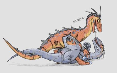 Sam and Riptor
art by phlegraofmystery
Keywords: videogame;killer_instinct;riptor;dinosaur;theropod;velociraptor;cyborg;hybrid;female;feral;lesbian;vagina;cloaca;missionary;suggestive;phlegraofmystery