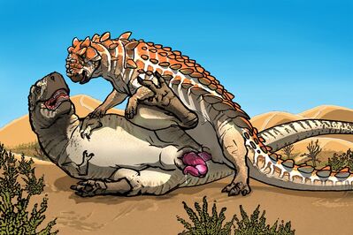Tarbosaurus and Tarchia
art by pine.bone
Keywords: dinosaur;theropod;tarbosaurus;ankylosaurus;male;feral;M/M;penis;from_behind;cloacal_penetration;spooge;pine.bone
