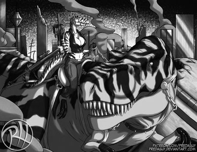 Amora and Rex
art by predaguy
Keywords: dinosaur;theropod;raptor;tyrannosaurus_rex;trex;male;female;feral;anthro;breasts;M/F;suggestive;predaguy