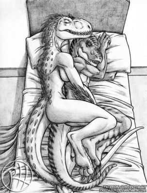 Cuddlesaurus Rexes
art by predaguy
Keywords: dinosaur;theropod;tyrannosaurus_rex;trex;male;female;feral;anthro;breasts;M/F;suggestive;predaguy