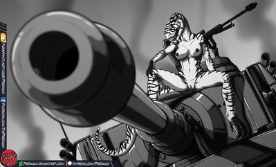 Tank Rider
art by predaguy
Keywords: dinosaur;theropod;tyrannosaurus_rex;trex;female;anthro;breasts;solo;vagina;tank;predaguy