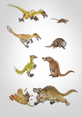 Predator and Prey
art by felipenn
Keywords: dinosaur;theropod;raptor;bird;avian;chicken;furry;rodent;feral;humor;non-adult;felipenn