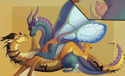 Blue and Cricket Having Sex (Wings_of_Fire)
art by prismdragon
Keywords: wings_of_fire;hivewing;silkwing;blue;cricket;dragon;dragoness;male;female;feral;M/F;penis;missionary;vaginal_penetration;closeup;spooge;prismdragon