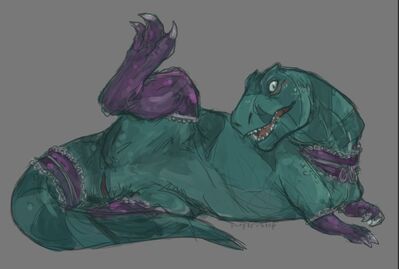 Fang in Lingerie
art by purple-blep
Keywords: fang;primal;dinosaur;theropod;tyrannosaurus_rex;trex;female;feral;solo;cloaca;lingerie;purple-blep